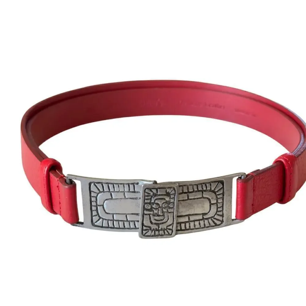 Vintage Cherry Red Leather Belt Pewter Buckle Aztec Mexican Adjustable 22-33”